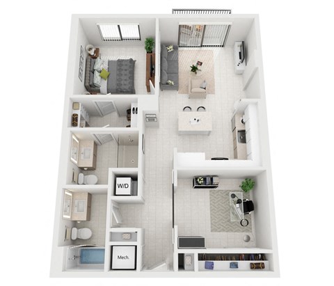 Floor plan for 1 bed, 2 baths, 957 sqft